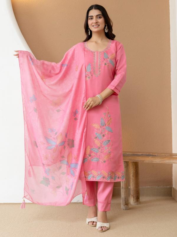 VP 9927 P Women’s Roman Silk Straight Kurta Pent Dupatta Sets with Embroidery Work | 3pcs Ethnic Set
